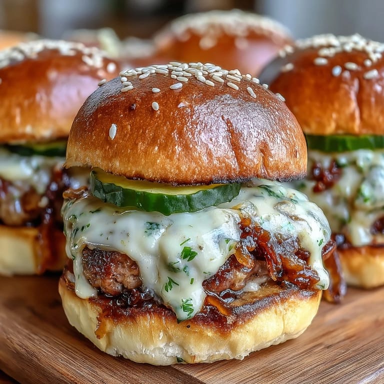 Freshly baked Touchdown Brat Sliders with juicy bratwurst patties and soft sesame buns, served with a side of beer cheese.