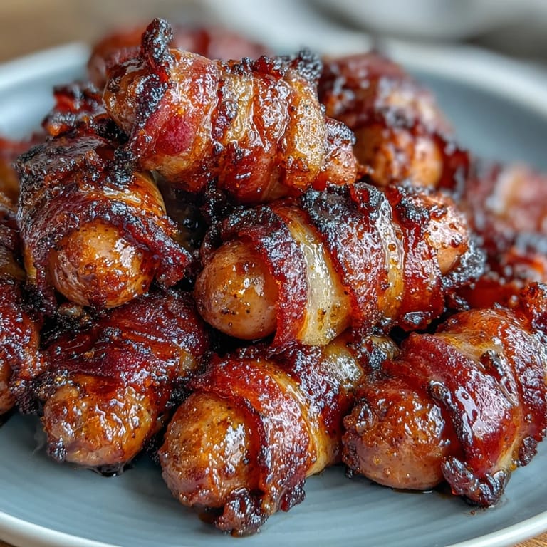 Golden, caramelized bacon-wrapped smokies served warm with toothpicks, ideal for easy entertaining.
