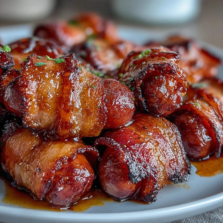Freshly baked bacon-wrapped smokies, drizzled with maple glaze, ready for a party appetizer spread.
