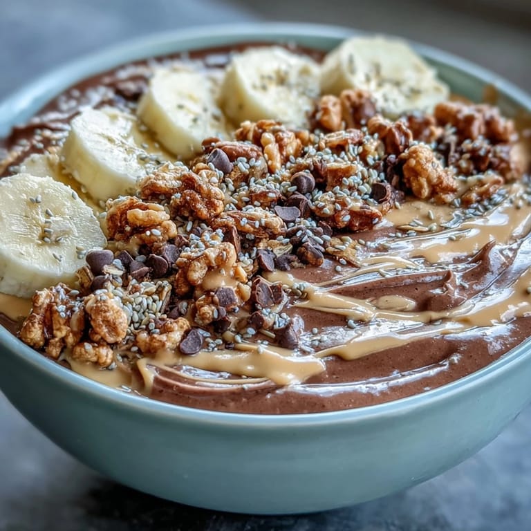 Chunky Monkey smoothie bowls with a thick, chocolatey base, layered with banana slices, hemp seeds, and crunchy granola, ready for a quick vegetarian breakfast.