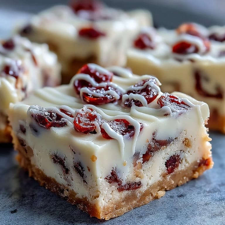 Freshly frosted Cranberry Bliss Bars garnished with extra cranberries, showcasing a thick, zesty cream cheese topping and shiny white chocolate stripes.