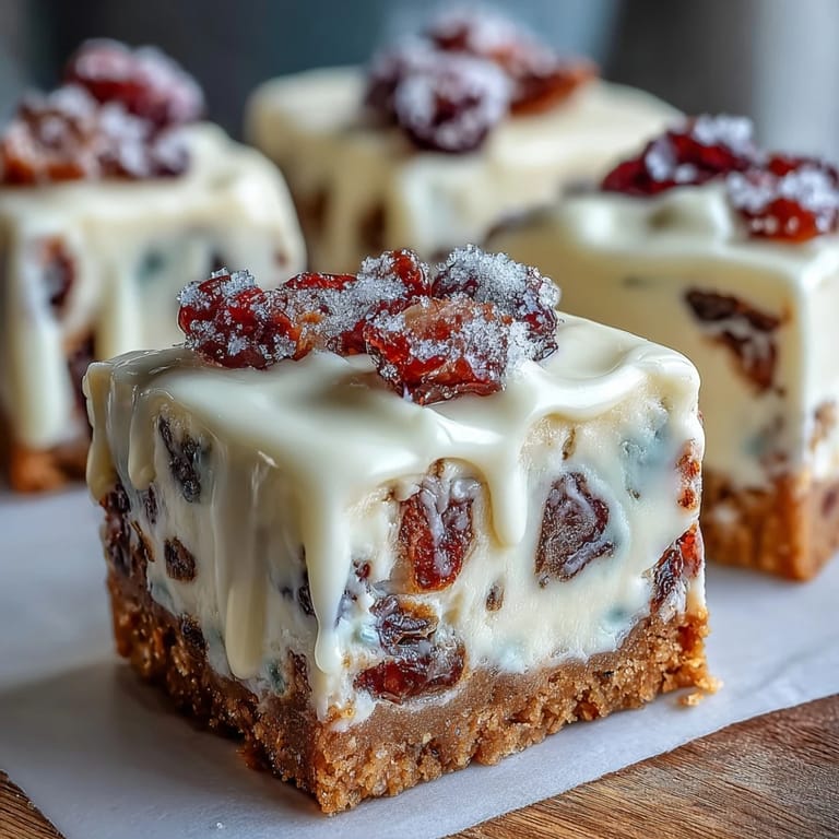 Stack of homemade Cranberry Bliss Bars cut into squares, highlighting the tender crumb studded with dried cranberries and sweet white chocolate chips.
