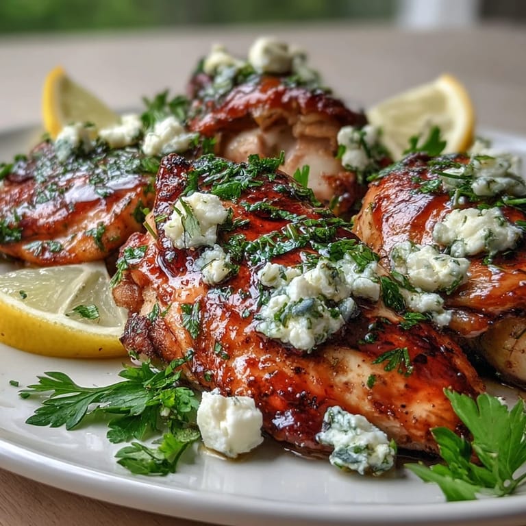 Sizzling Greek Chicken with Lemon and Feta cooking in a skillet, showing golden brown edges and a bright lemony glaze.