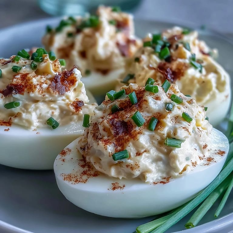 A platter of chilled Million Dollar Deviled Eggs garnished with chives, ready for a potluck.