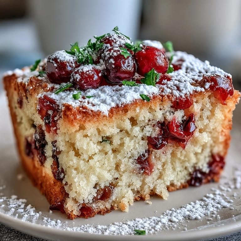 Warm Cranberry Orange Breakfast Cake is presented on a cooling rack, highlighting its domed top and juicy fruit, perfect for a cozy brunch spread with coffee.