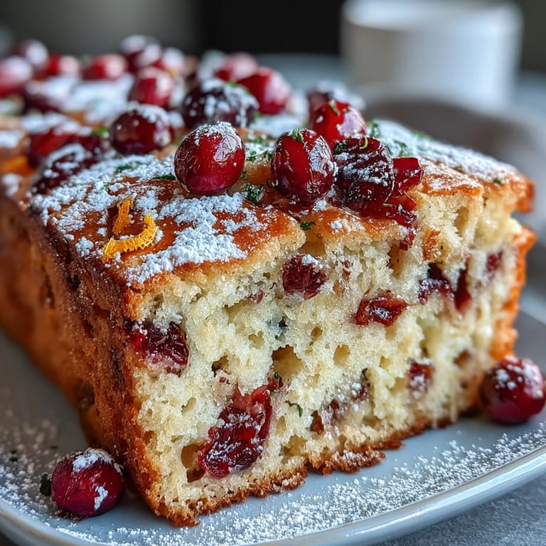 A sliced wedge of Cranberry Orange Breakfast Cake reveals moist interior and vibrant cranberries, served on a white plate beside a glass of orange juice for a sunny breakfast.