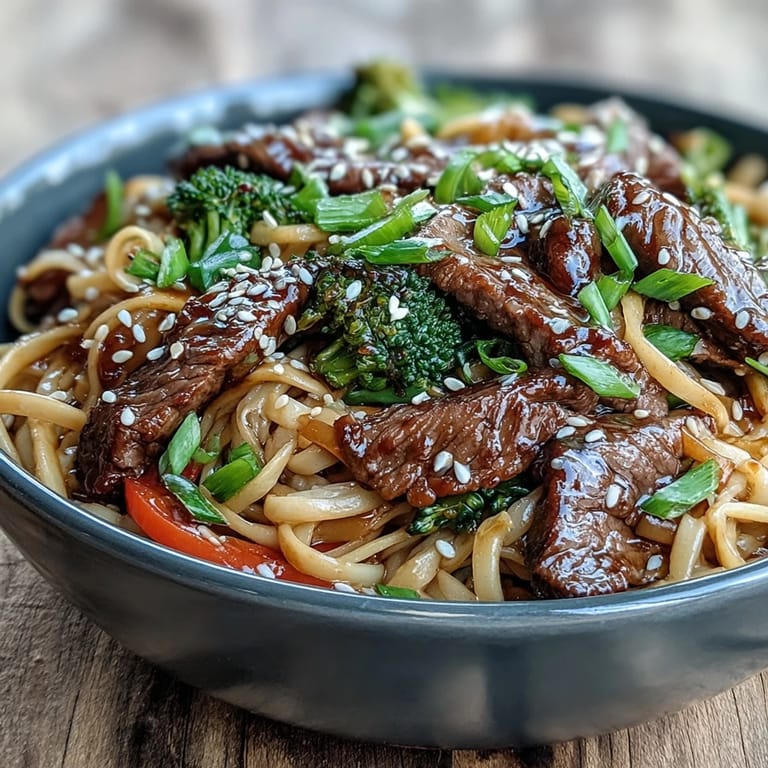 Steaming Korean Beef Noodles served in a bowl, garnished with green onions and sesame seeds, perfect for a quick weeknight dinner.