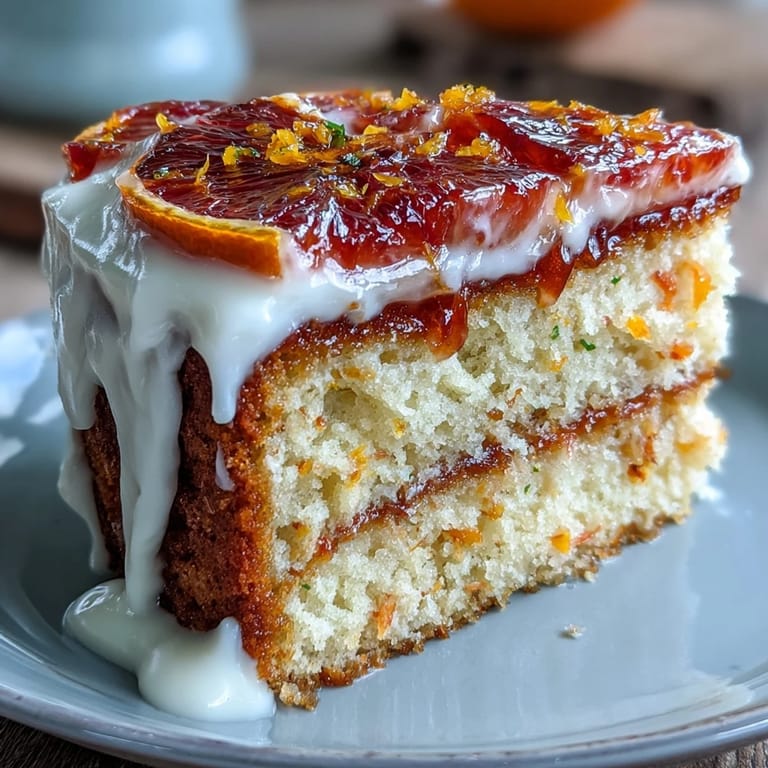 A freshly baked Heavenly Blood Orange Yogurt Cake loaf with vibrant zest, creamy Greek yogurt crumb, and a sweet blood orange glaze.