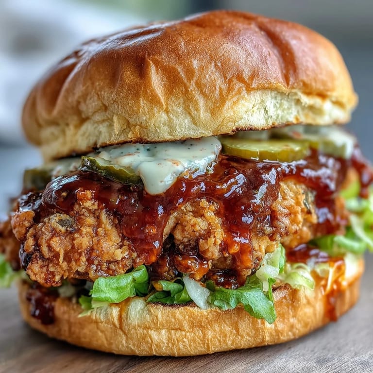 A close-up view of the Spicy Chicken Sandwich showing creamy homemade sauce dripping down the crispy breading. 