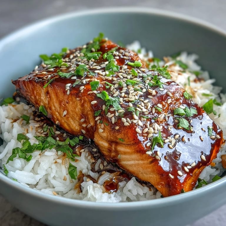 A close-up of a Soy Ginger Salmon Bowl with tender salmon, fluffy rice, and colorful stir-fried veggies, drizzled with sauce.