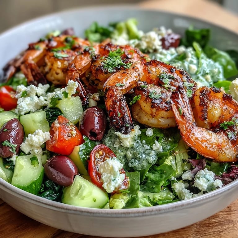 Plated Greek Shrimp Bowl featuring juicy tomatoes, crisp cucumbers, and grilled shrimp ready to serve.
