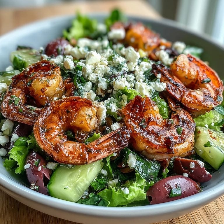 Sizzling Mediterranean Greek Shrimp Bowl topped with briny olives, creamy feta, and a lemony drizzle.