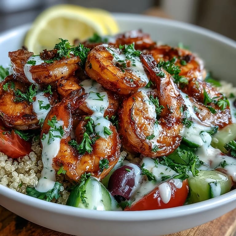 A vibrant Mediterranean Shrimp Bowl topped with sautéed shrimp and feta cheese sits on a woven placemat. Lemon wedges and fresh parsley garnish this colorful, healthy main dish.