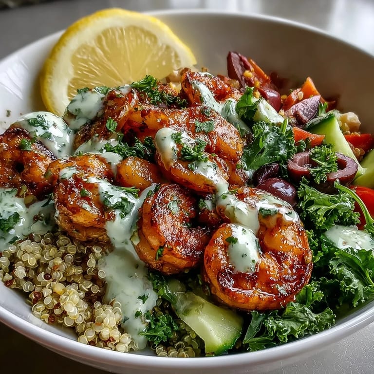 Close-up view of a Mediterranean Shrimp Bowl showing succulent shrimp, red onions, and spinach over grains. A fork rests beside the bowl of this delicious, easy dinner.