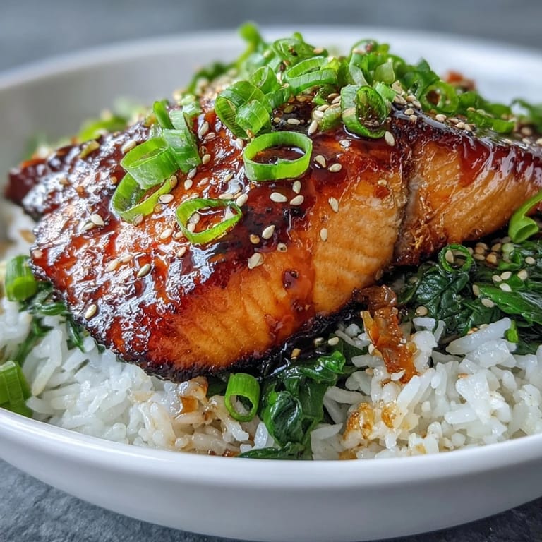 Fork-tender miso glazed salmon bowl featuring savory-sweet glaze, spinach, and sesame seeds, perfect for a healthy Japanese-inspired dinner.