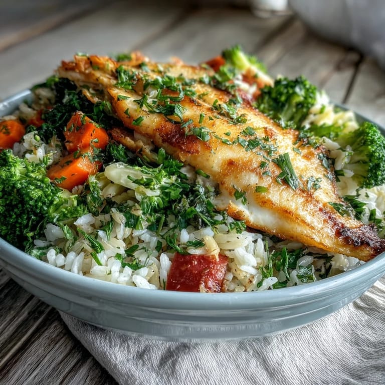 Bright citrus and Italian herbs season baked tilapia, paired with steamed broccoli, carrots, and fluffy rice.