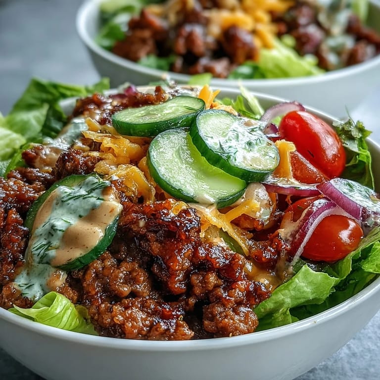 Ready to serve High-Protein Cheeseburger Bowls featuring juicy ground beef, melted cheese, and fresh toppings on a bed of greens.