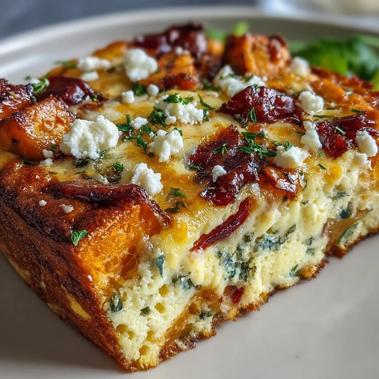 Fork-ready slice of Easy Sweet Potato Egg Casserole reveals fluffy eggs and tender sweet potato chunks.