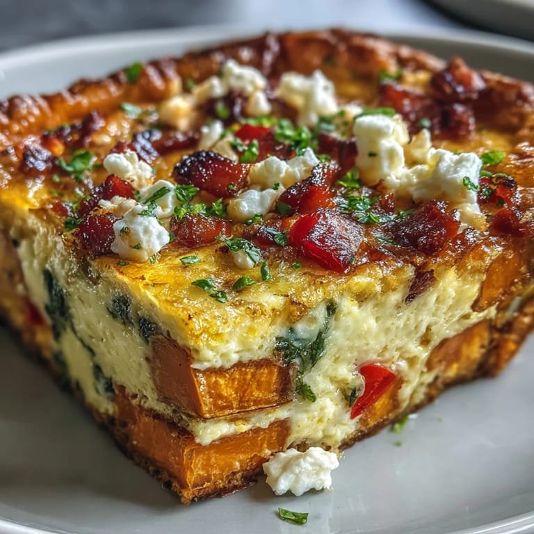 Bubbling cheddar and feta top a colorful Easy Sweet Potato Egg Casserole, paired with fresh greens.