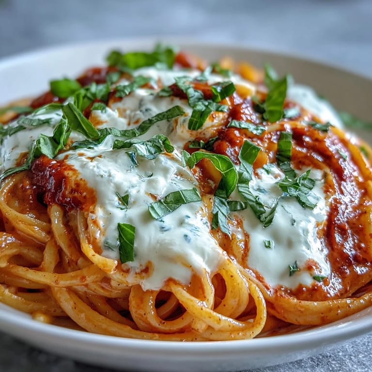 A close-up of Creamy Red Pepper Pasta with Burrata & Herbs, torn cheese melting over pasta, accompanied by a glass of white wine.