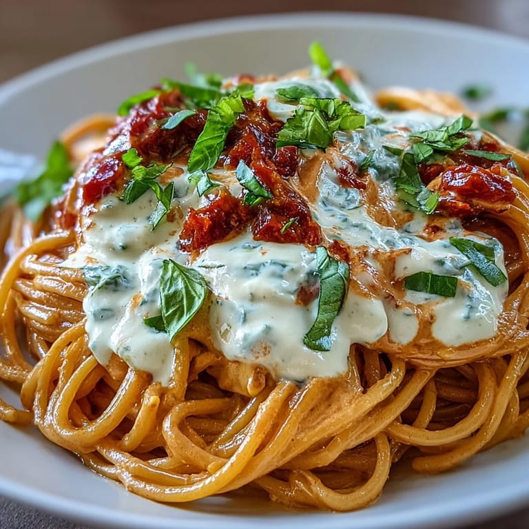 Luscious Creamy Red Pepper Pasta with Burrata & Herbs served warm in a bowl, garnished with basil and ready for a weeknight dinner.