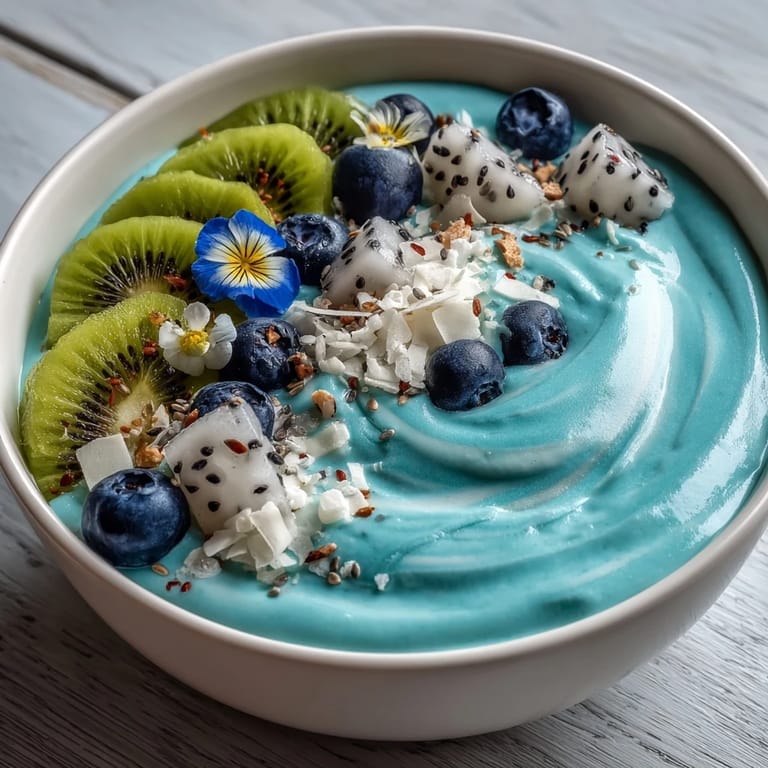 Spoon-ready Whimsical Healthy Mermaid Smoothie Bowl featuring dragon fruit and coconut flakes, served in a ceramic bowl.