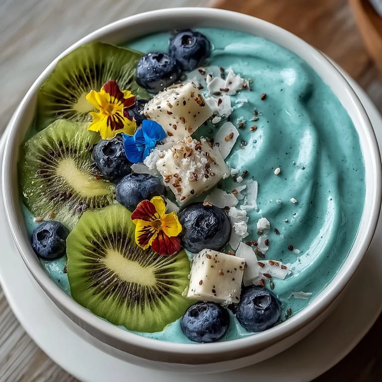 A thick blue Whimsical Healthy Mermaid Smoothie Bowl garnished with hemp seeds and edible flowers for a whimsical treat.