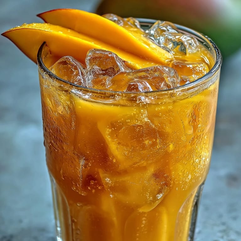 Sliced ripe mango and black tea bags beside a glass of homemade Mango Iced Tea, ready for a summer refreshment.
