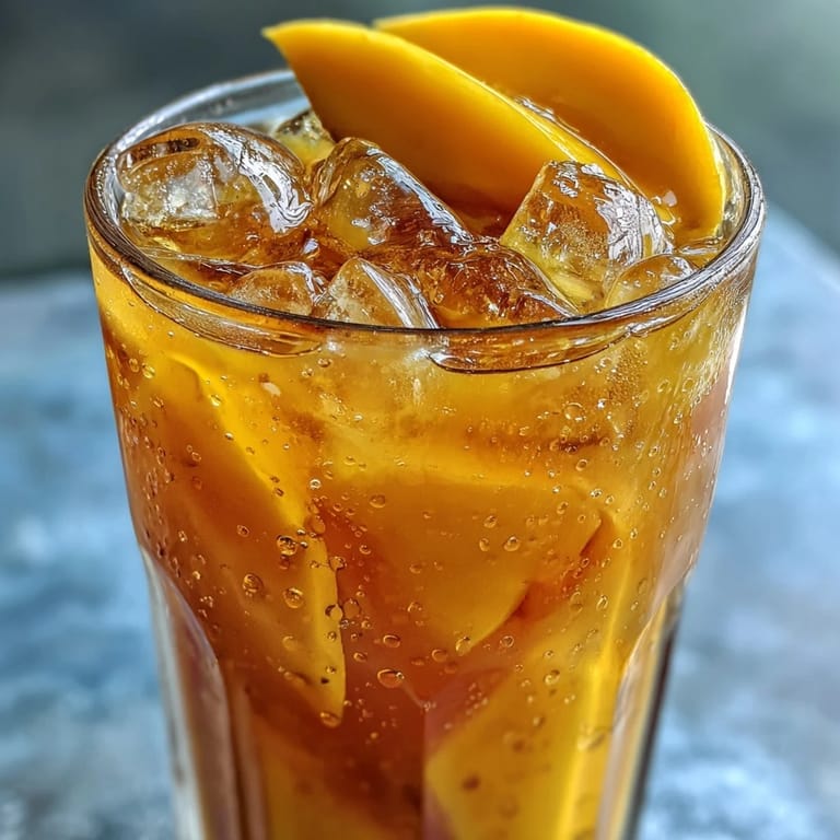 Pouring chilled Mango Iced Tea over a tall glass of ice, garnished with mint and fresh mango chunks.