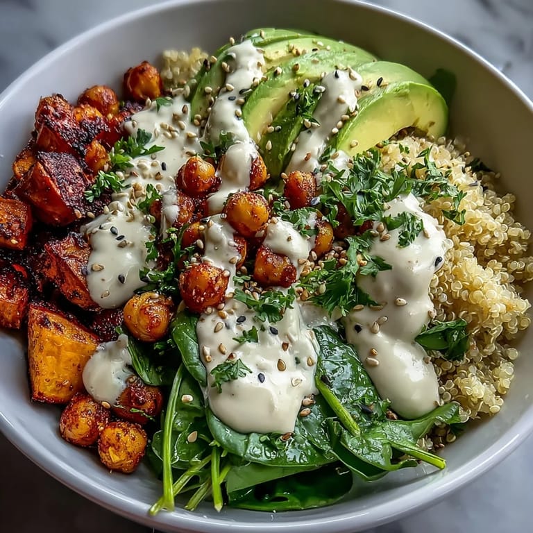 Fresh spinach and sliced avocado top a warm Anti-Inflammatory Glow Bowl filled with fluffy quinoa, roasted sweet potatoes, and crispy chickpeas, ready for a wholesome meal.