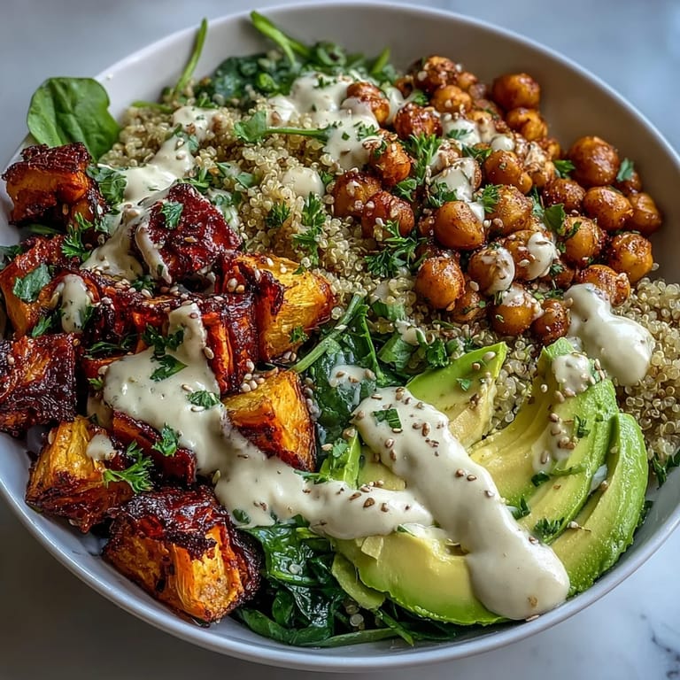 This nourishing Anti-Inflammatory Glow Bowl showcases golden roasted sweet potatoes, fluffy quinoa, and spiced chickpeas, finished with a generous drizzle of creamy tahini yogurt sauce.