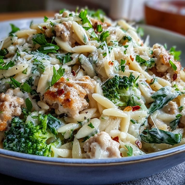 A close-up of Creamy Garlic Turkey & Broccoli Orzo in a skillet, steam rising from the cheesy orzo and sautéed turkey, with a wooden spoon ready to serve.