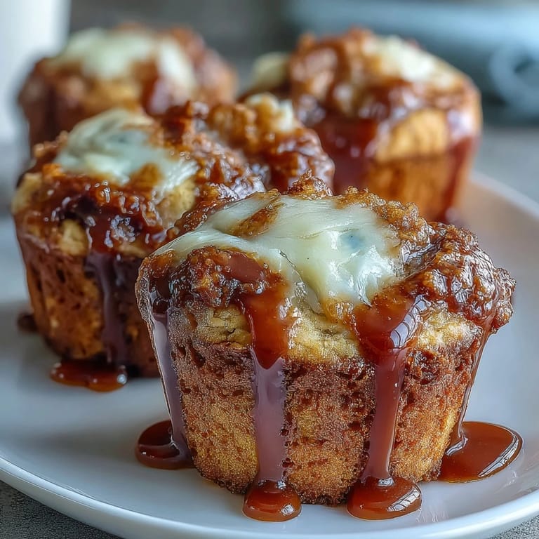 Warm Caramel Cream Cheese Swirl Muffins cooling on a wire rack, topped with a generous drizzle of sweet caramel sauce. 