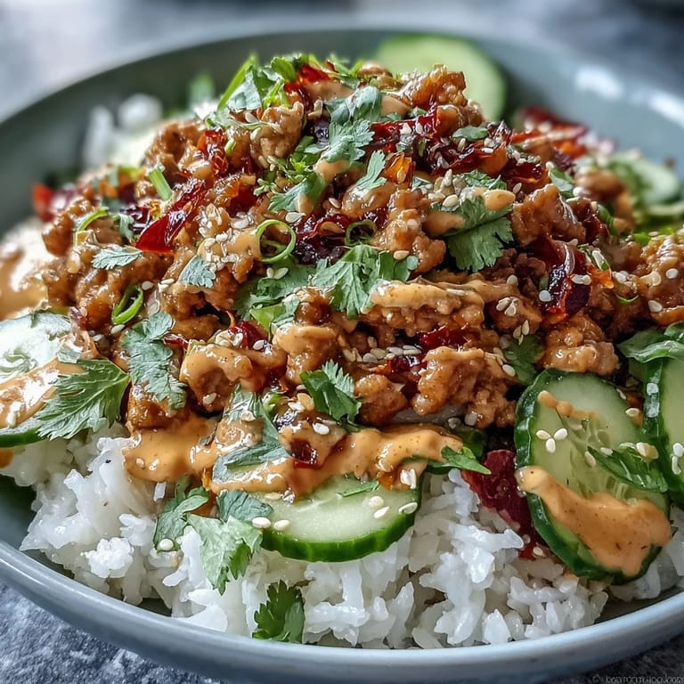 A close-up of Spicy Bang Bang Turkey Rice Bowls with fluffy rice, ground turkey, and crunchy fresh vegetables.
