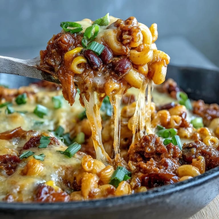 A skillet of One-Pot Tex-Mex Chili Mac with Corn features golden cheese, black beans, and sweet corn, with jalapeños and sour cream garnish.