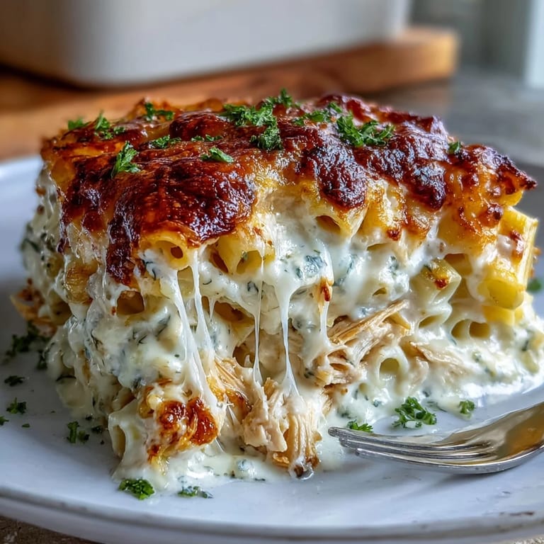 Sizzling Greek Yogurt Chicken Alfredo Bake in a baking dish, blended with wilted spinach, garlic, and plenty of gooey cheese.