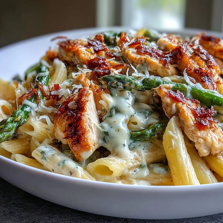 Fork-tender Crispy Parmesan Asparagus Chicken Pasta features roasted asparagus spears, penne noodles, and plenty of shaved Parmesan garnish.