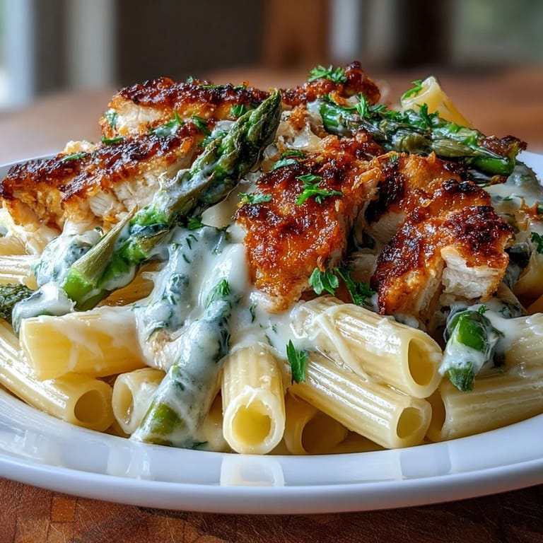 Close-up of Crispy Parmesan Asparagus Chicken Pasta showing melted cheese and golden asparagus tips in a creamy skillet.