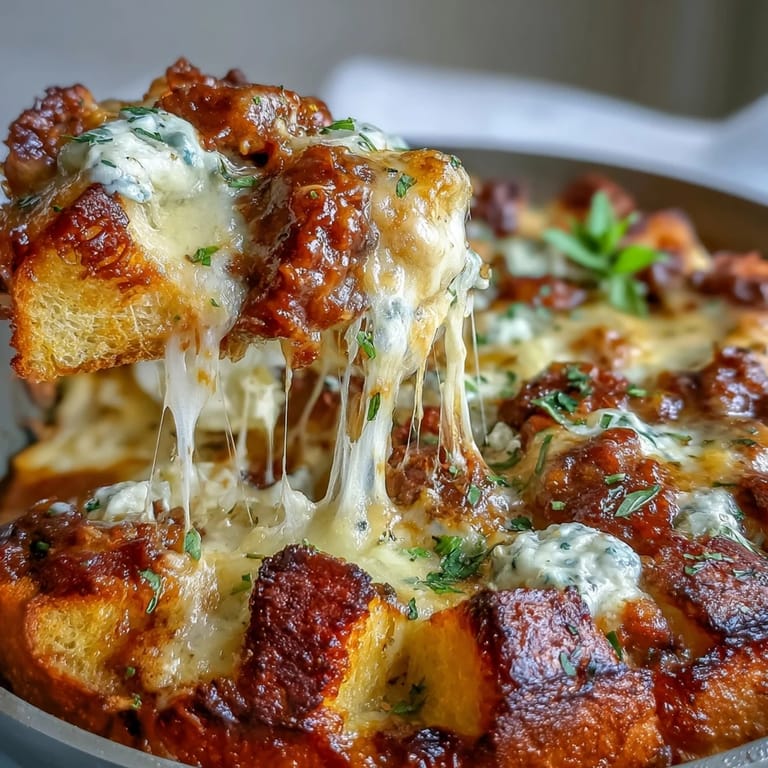 Steam rises from melted cheese and marinara sauce on garlic bread cubes in a bubbling Cheesy Garlic Bread Lasagna Skillet.