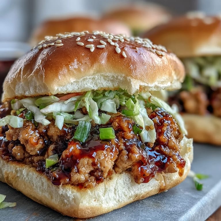A close-up of Korean Turkey Sloppy Joe Sliders showing the sweet and spicy ground turkey filling.
