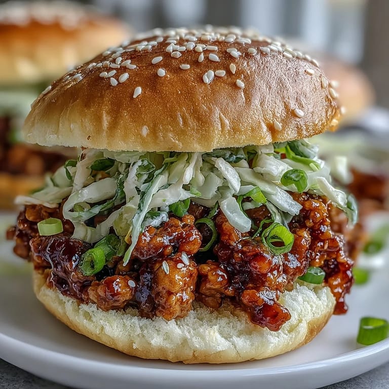 Served on a platter, these Korean Turkey Sloppy Joe Sliders are topped with tangy slaw and sesame seeds.