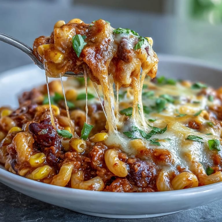 One-Pot Tex-Mex Chili Mac with Corn served steaming hot in a rustic bowl, perfect for weeknight dinners.