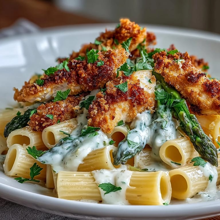 A close-up of Crispy Parmesan Asparagus Chicken Pasta shows al dente penne, tender chicken, and crunchy Asiago-topped asparagus spears. 