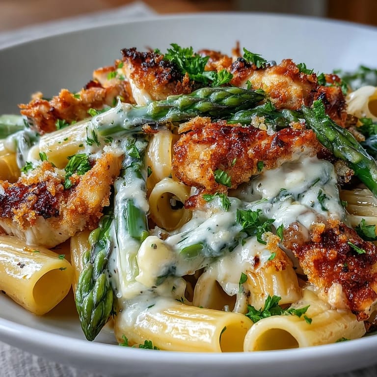 Serve Crispy Parmesan Asparagus Chicken Pasta with fresh parsley garnish and a squeeze of lemon for bright flavor.