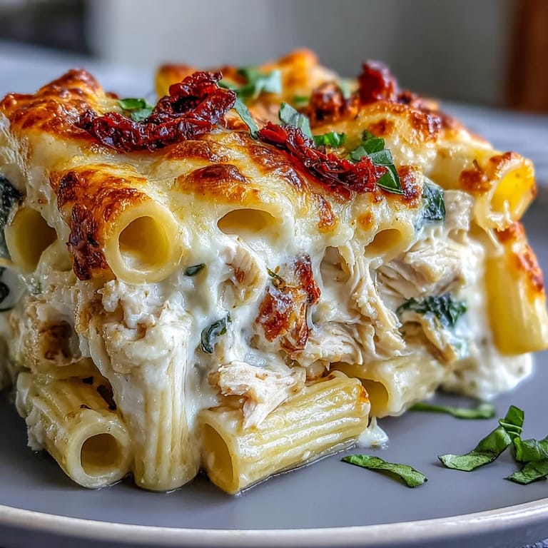 A baked pasta dish topped with bubbling cheese, sun-dried tomatoes, and fresh herbs, served hot from the oven for dinner.
