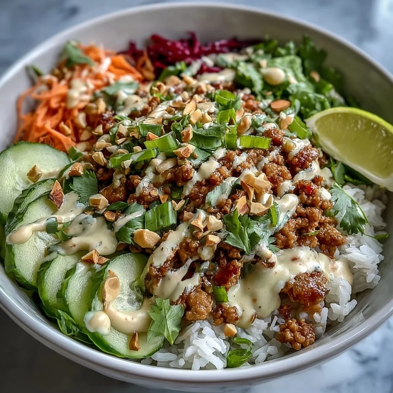 Serving suggestion for Spicy Bang Bang Turkey Rice Bowls with fresh cilantro, green onions, sesame seeds, and lime wedges.
