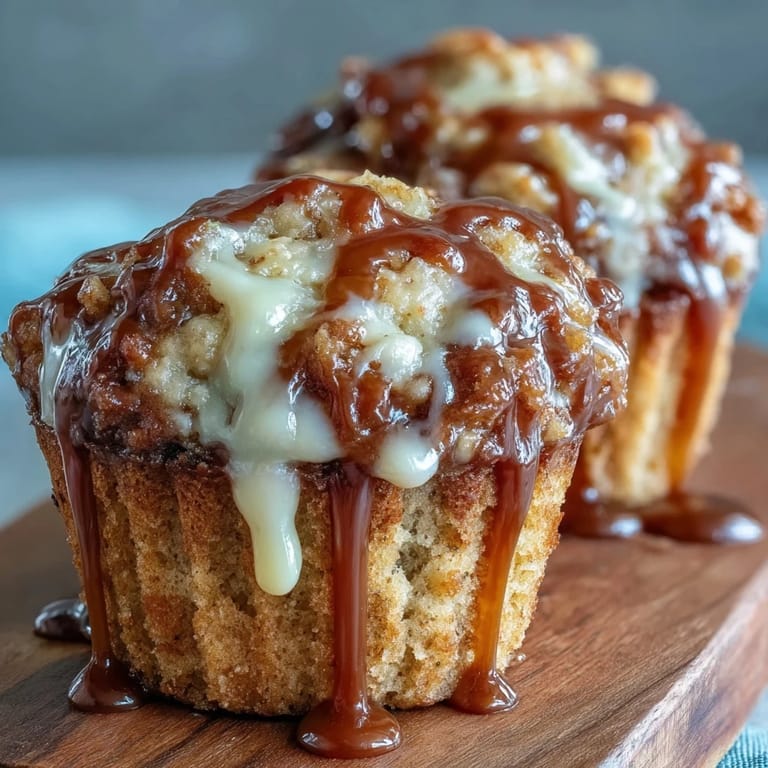 A close-up of a Caramel Cream Cheese Swirl Muffin showing a gooey caramel drizzle over a moist banana bread base.