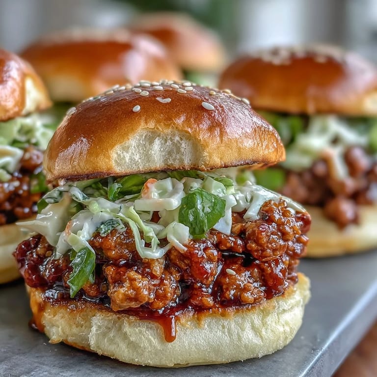 Juicy Korean Turkey Sloppy Joe Sliders on toasted buns feature tangy slaw and sesame seeds on a party platter.
