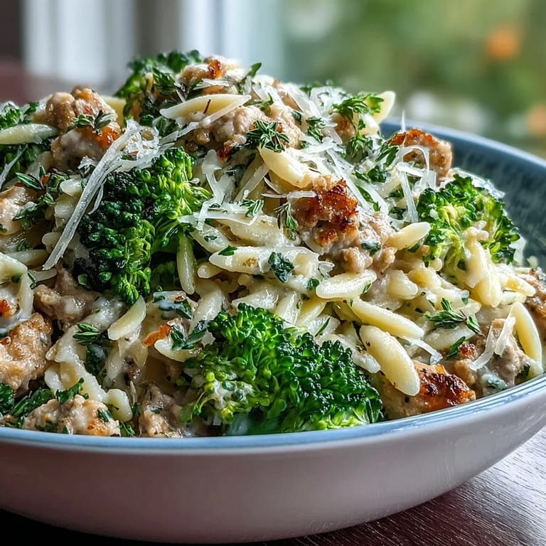 A close-up view of Creamy Garlic Turkey & Broccoli Orzo, featuring tender ground turkey and silky garlic cream sauce coating the small pasta grains.