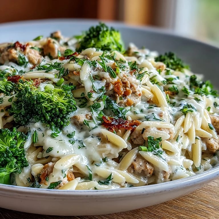 A steaming skillet of Creamy Garlic Turkey & Broccoli Orzo, ready to eat as a cozy family dinner, garnished with fresh lemon zest.
